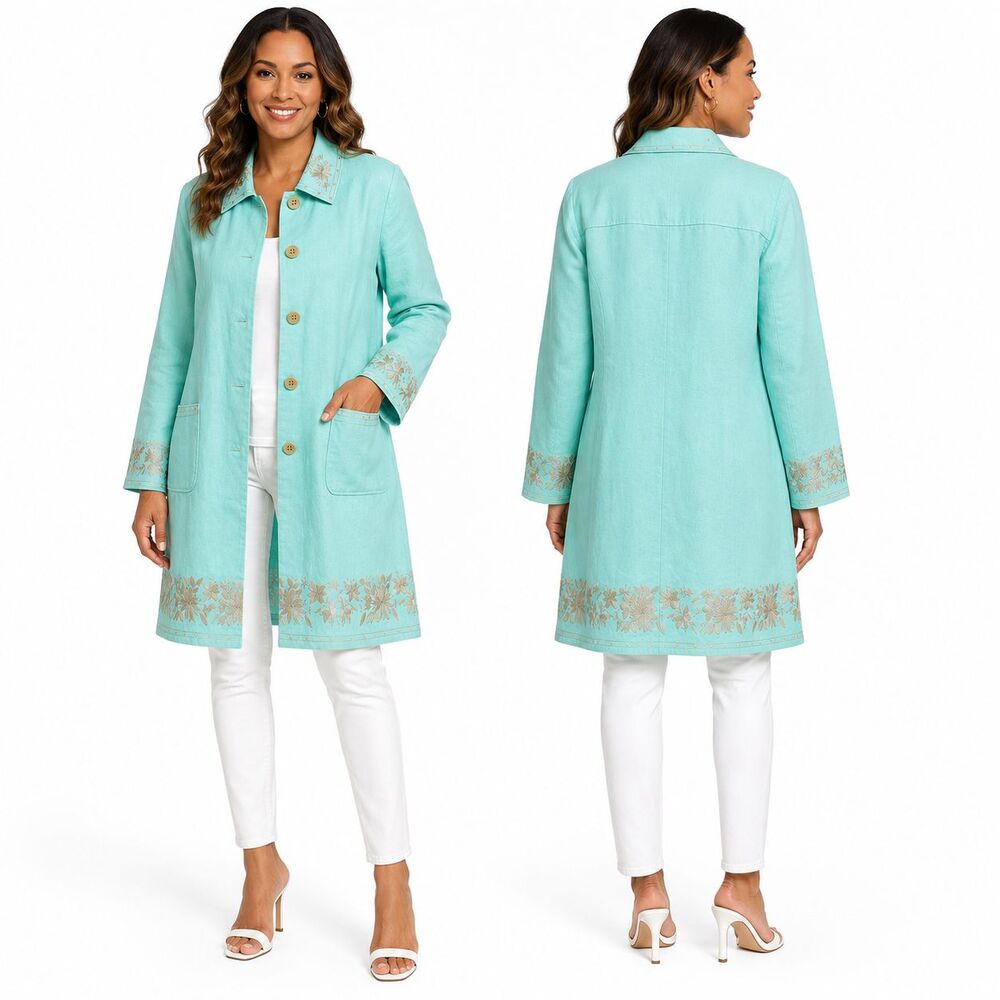 J. Jill Women's Medium Aqua 100% Linen Embroidered Duster Jacket Coat Floral